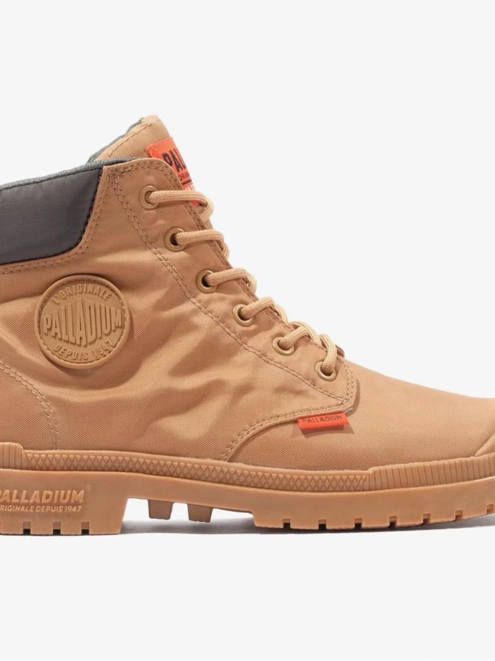 Palladium Men’s Tan Canvas Waterproof Lace-Up Boot with Orange Tag